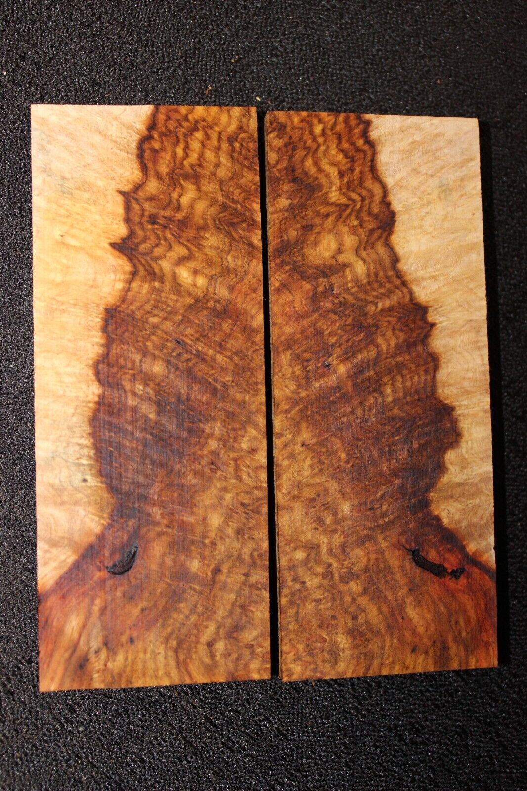 Amboyna burl knife scale, gun grip. 5 X 2 X 3/8"