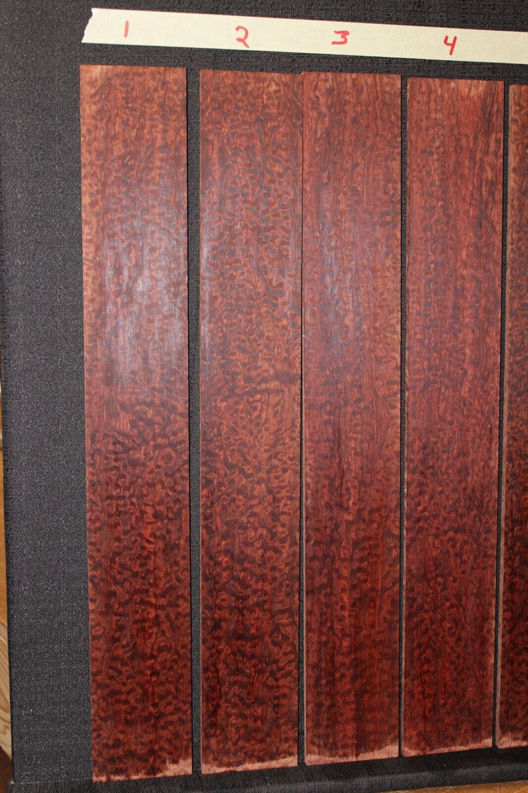 Pomelle figured bubinga guitar fingerboard blanks, sold individually.