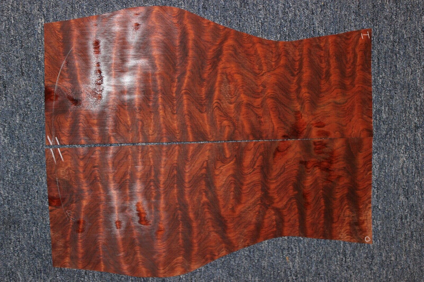 Waterfall figured bubinga back and side set. Stunning grain, color and figure.