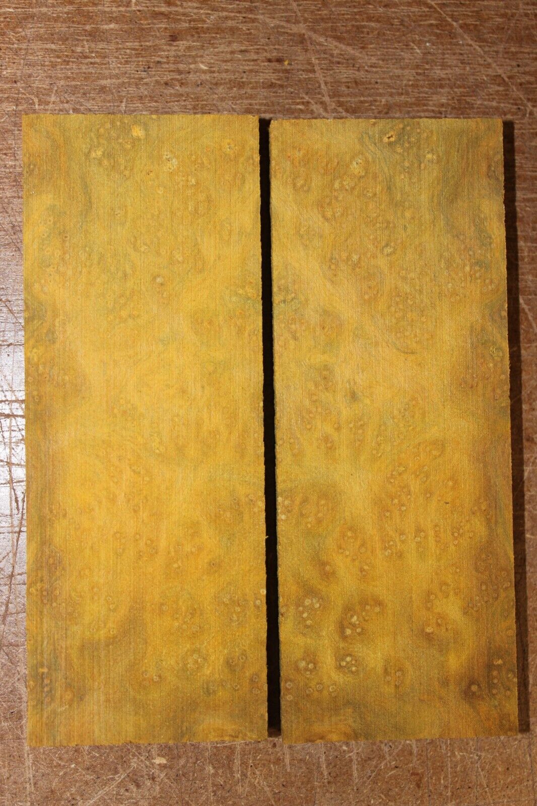 Golden Amboyna burl knife scale, gun grip. 5 X 1 7/8 X 3/8"