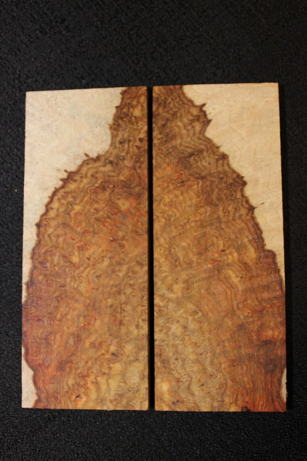 Amboyna burl knife scale, gun grip. 5 X 2 X 3/8"