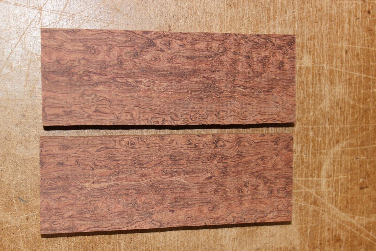 Pomelle figured Bubinga knife scale, gun grip. 5.5 X 2 X 3/8"