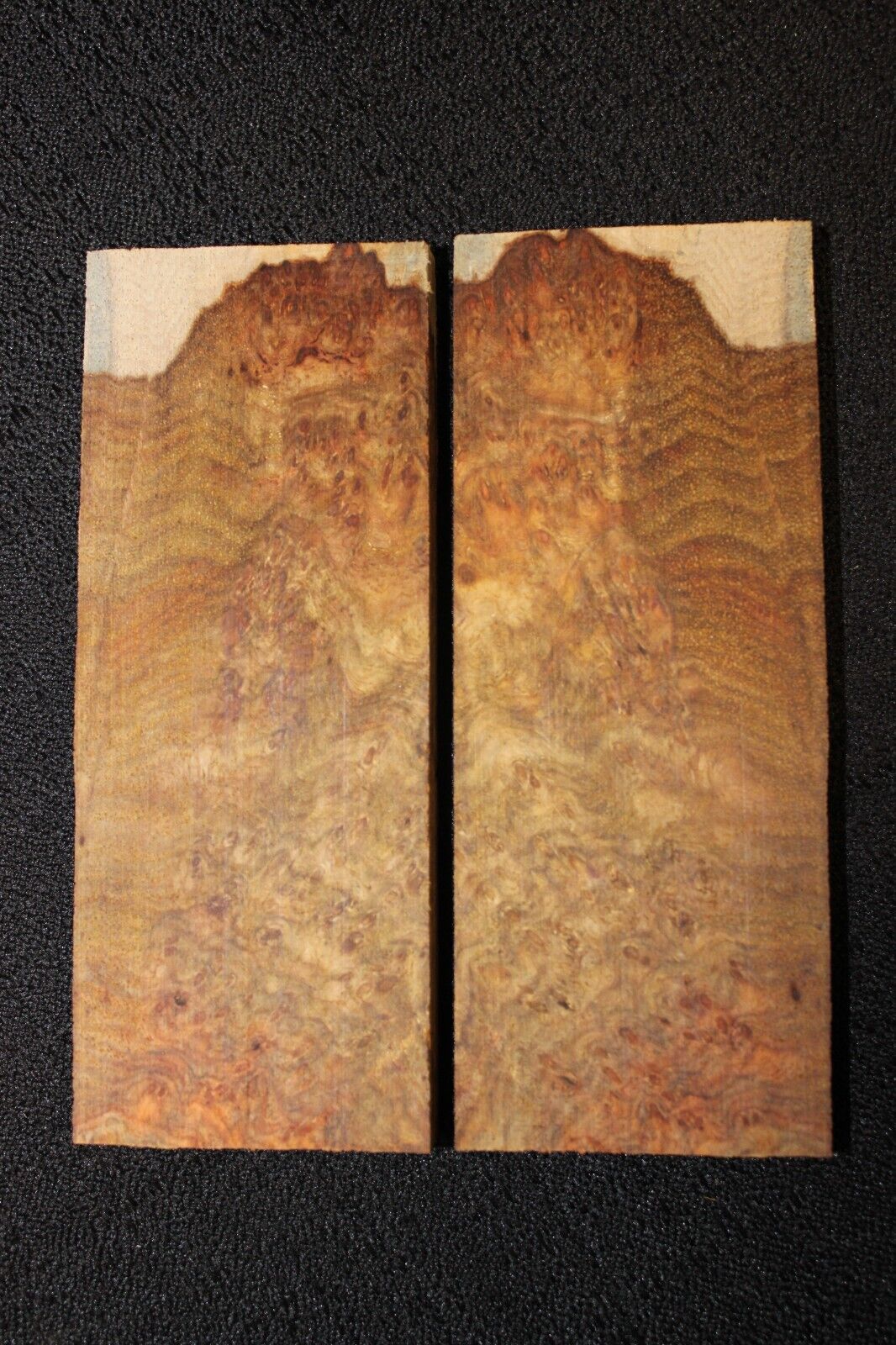 Amboyna burl knife scale, gun grip. 5 X 2 X 3/8"