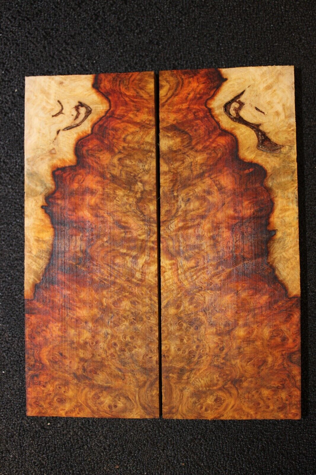 Amboyna burl knife scale, gun grip. 5 X 2 X 3/8"