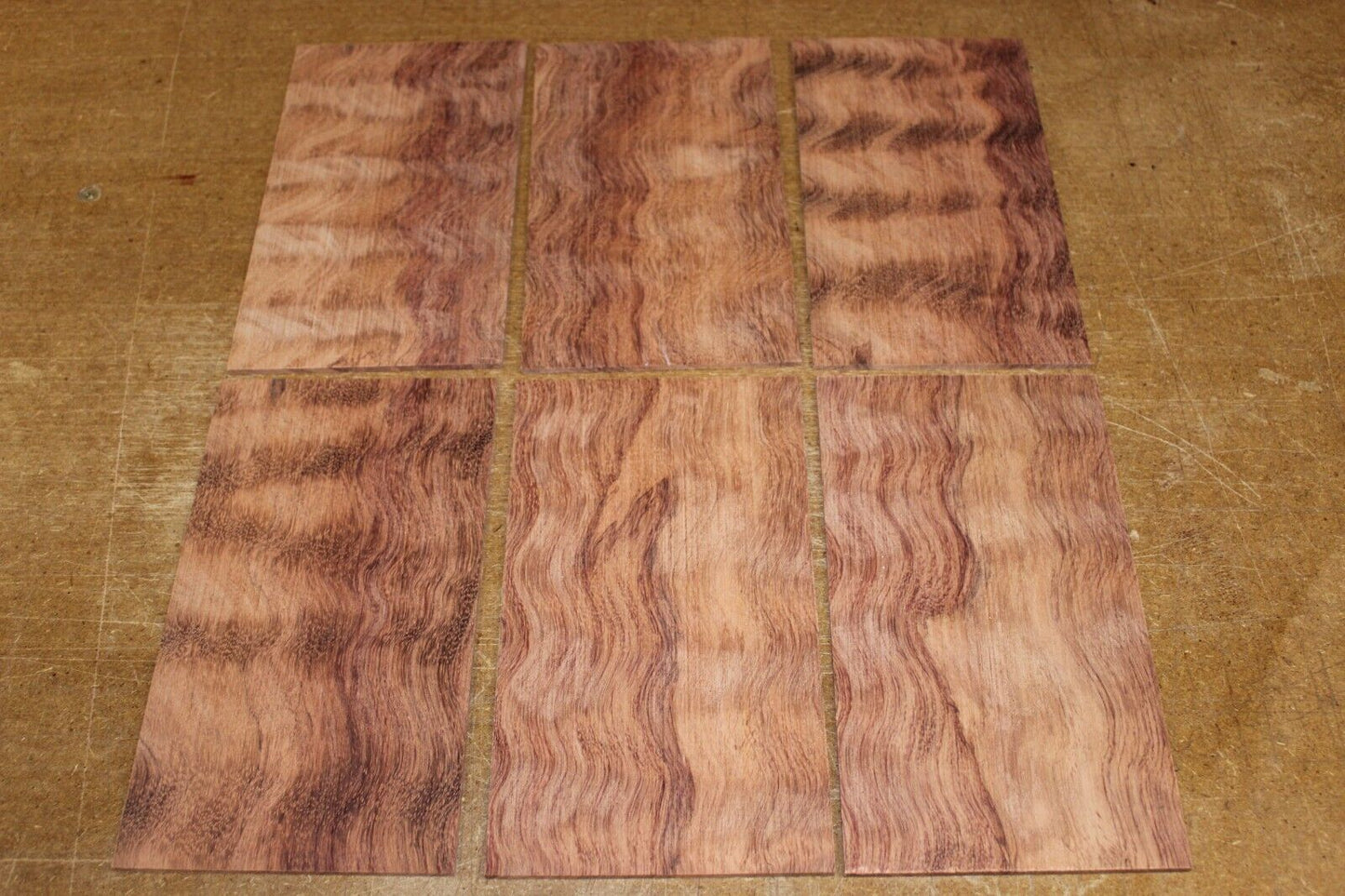 Waterfall bubinga figured headstock / peg head veneer. Sold individually