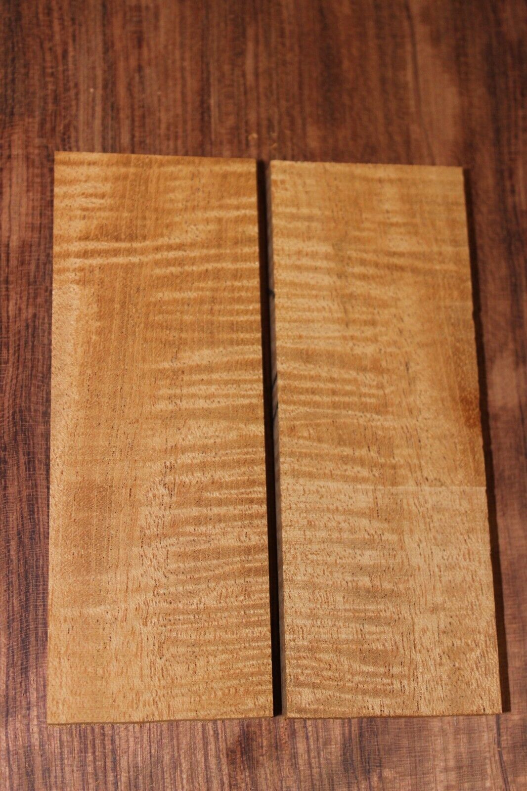 Curly / flame mahogany knife scale, gun grip. Tight figure 5.5 X 2 X 3/8"