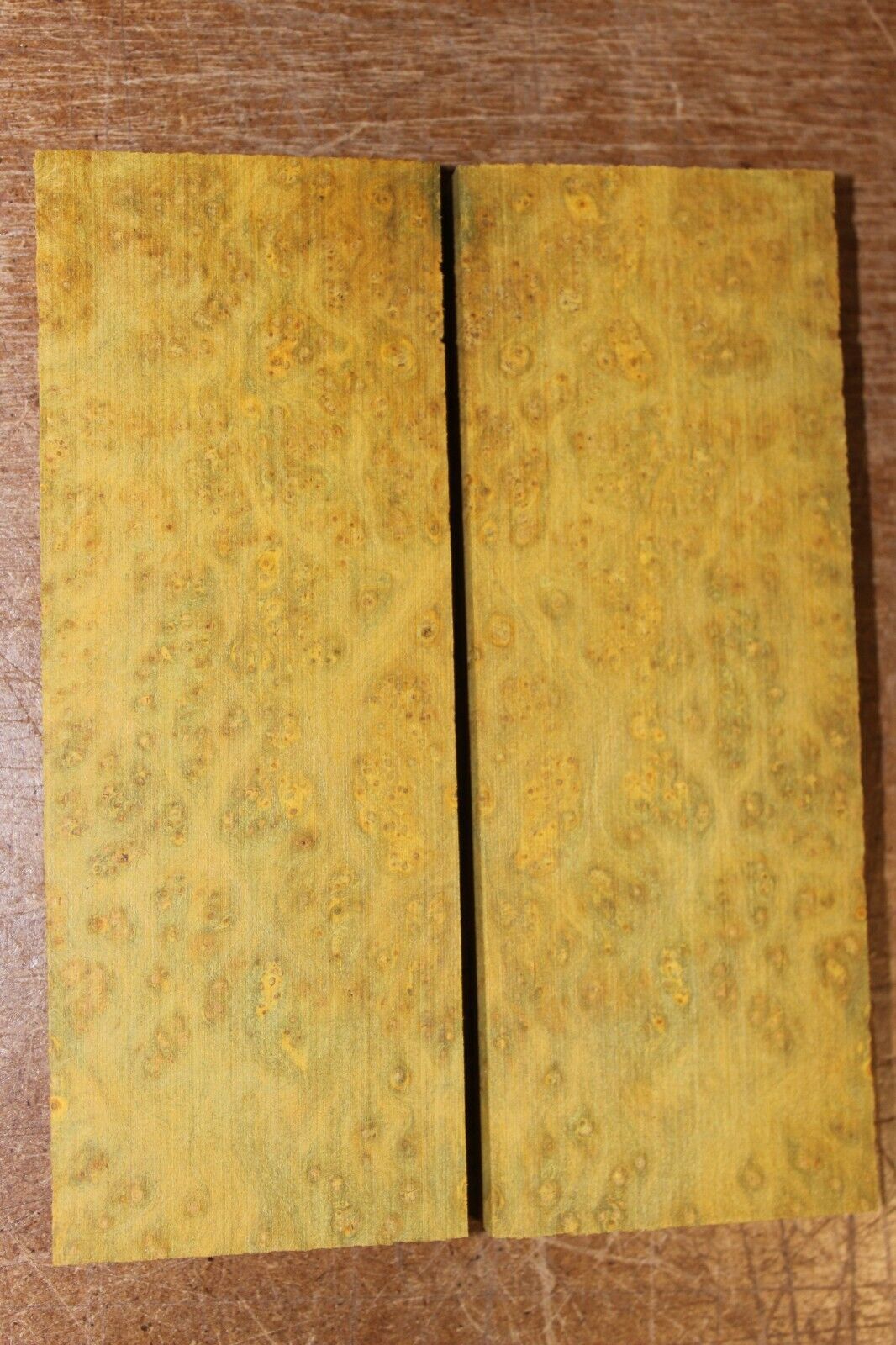 Golden Amboyna burl knife scale, gun grip. 5 X 1 7/8 X 3/8"