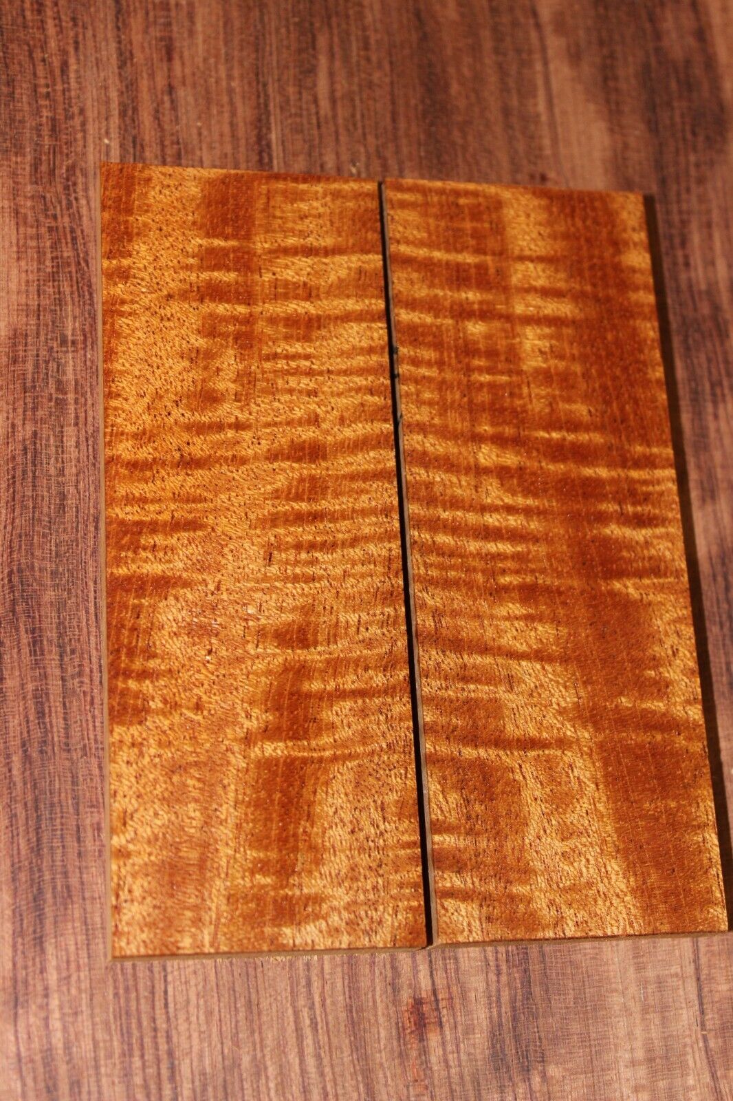 Curly / flame mahogany knife scale, gun grip. Tight figure 5.5 X 2 X 3/8"