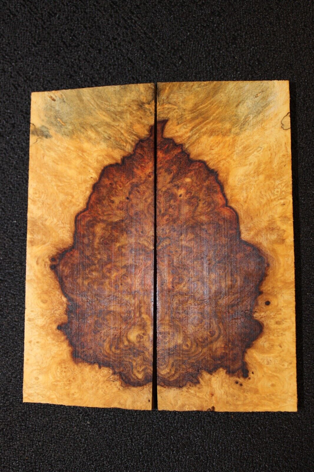 Amboyna burl knife scale, gun grip. 4 7/8  X 2 X 3/8"