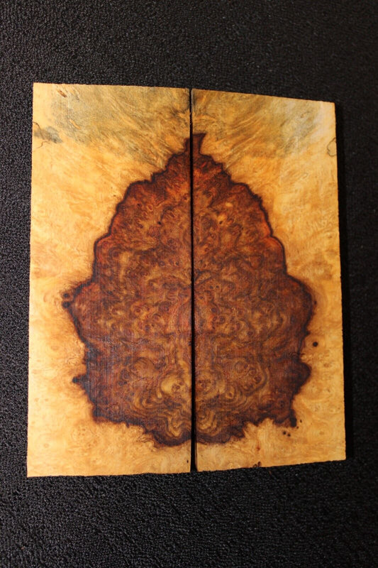 Amboyna burl knife scale, gun grip. 4 7/8  X 2 X 3/8"