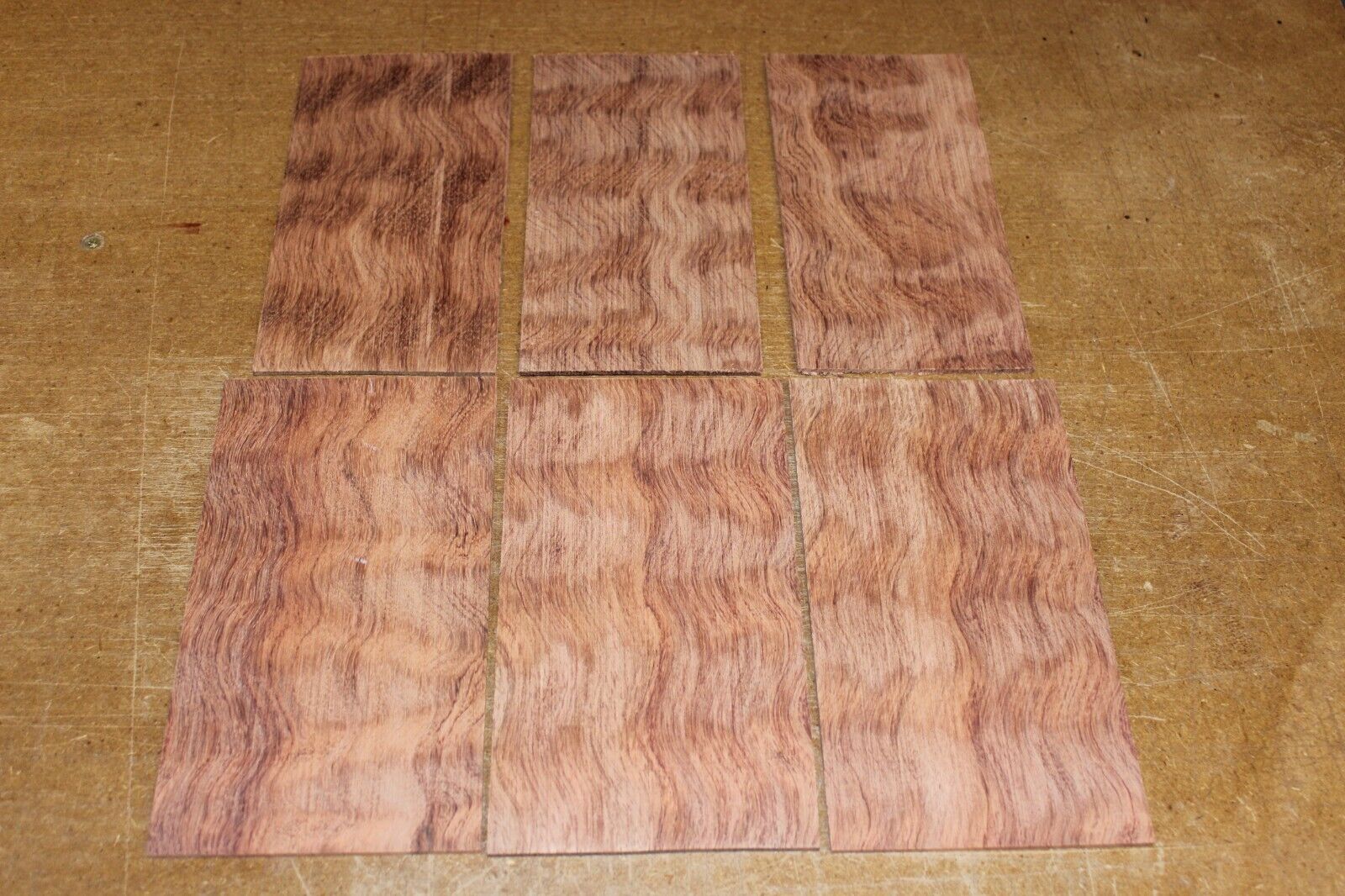 Waterfall bubinga figured headstock / peg head veneer. Sold individually