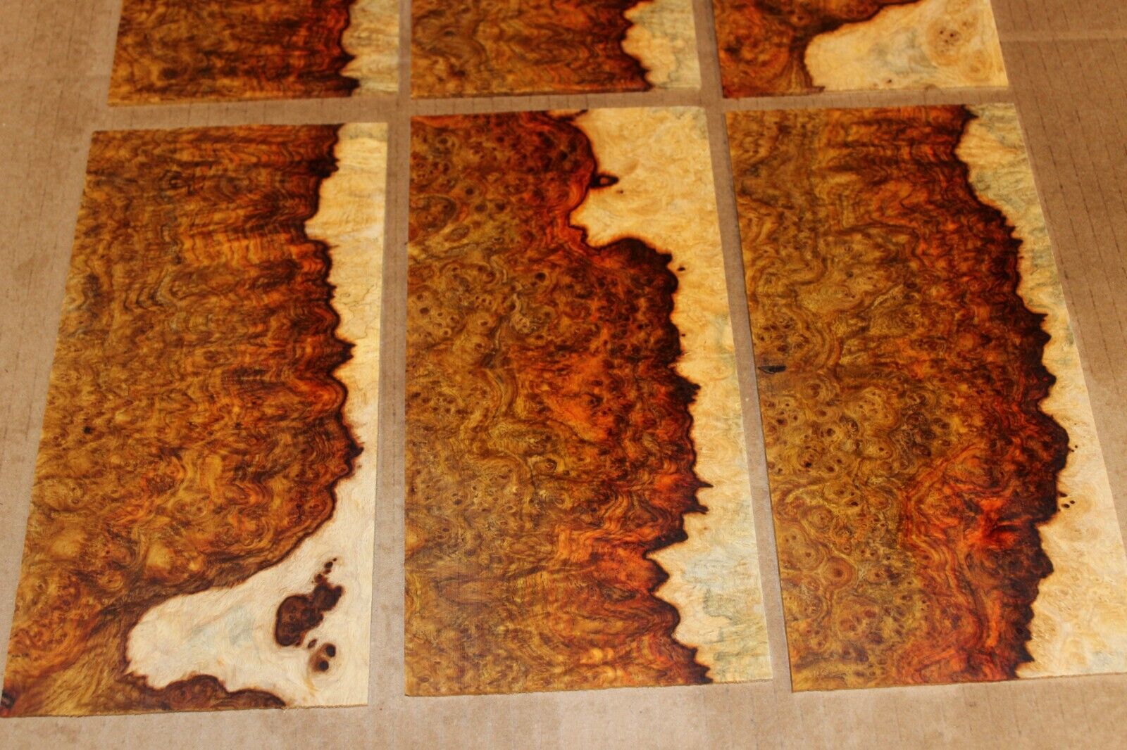 Amboyna burl headstock / peg head veneer. Sold individually