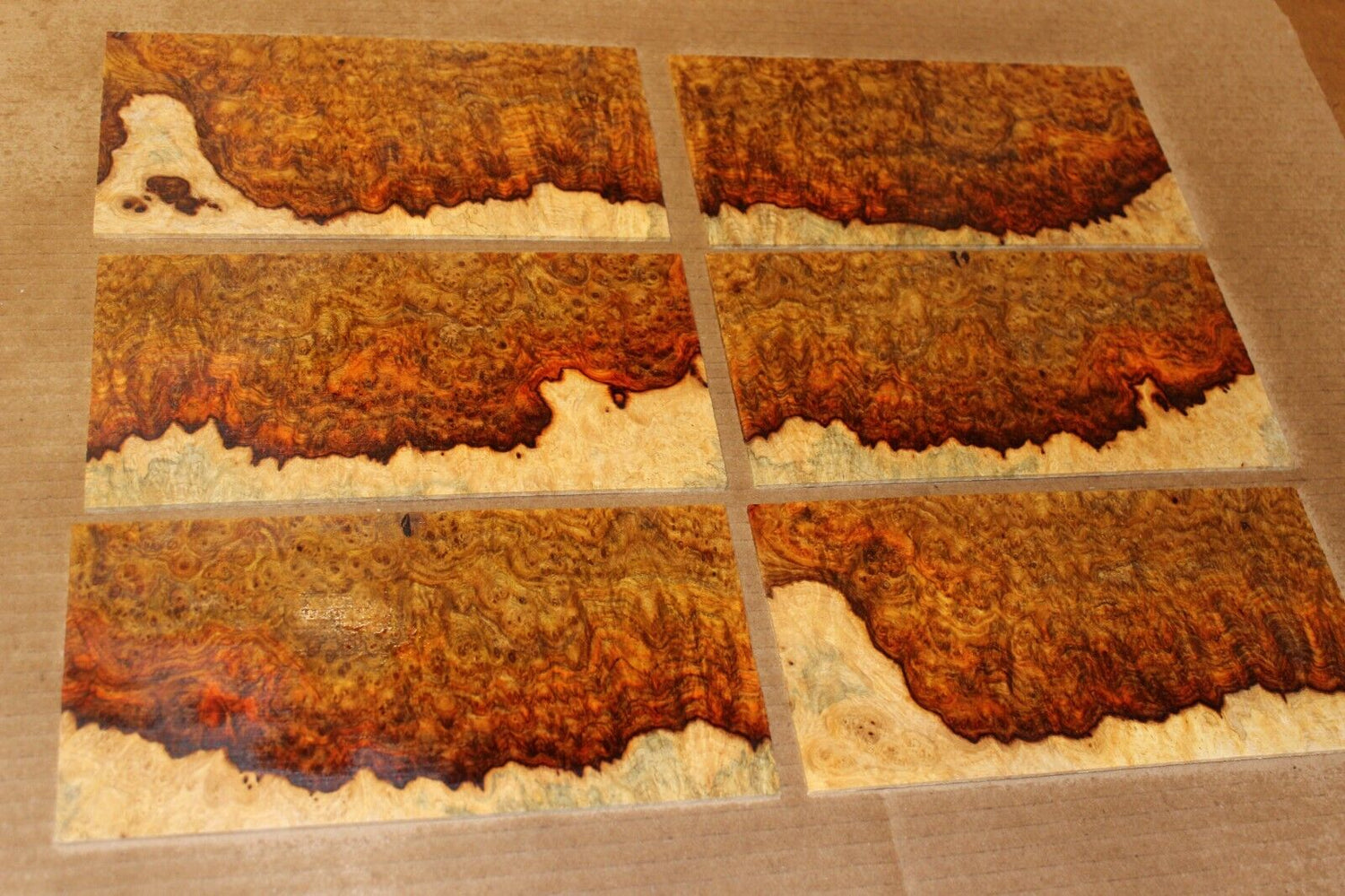 Amboyna burl headstock / peg head veneer. Sold individually